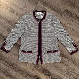 St. John Collection Navy White and Red Zip Up Sweater